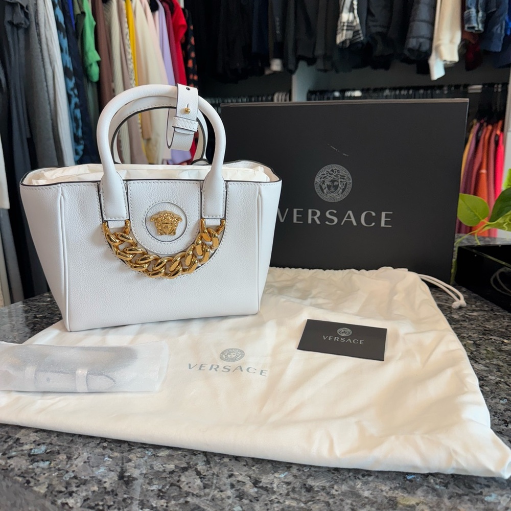 Versace La Medusa Gold Plaque White Leather Small Crossbody Tote Bag